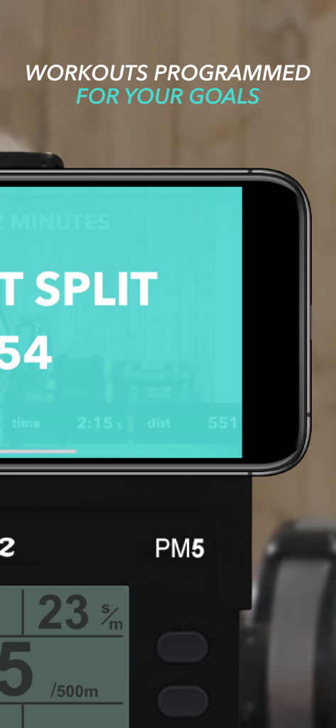Smartphone with asensei rowing app showing workout data on a Concept 2 PM5 monitor