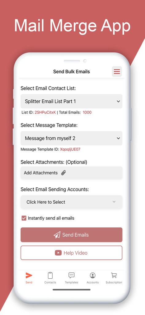 Mail Merge: Bulk Email Sender - Mobile app screen for sending bulk emails showing options for contact lists, message templates, and email accounts.