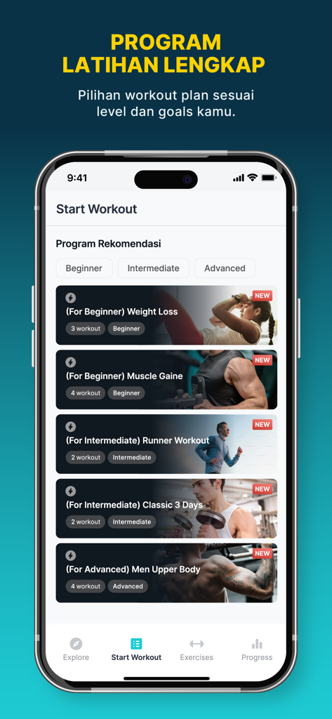 The FIT HUB app screen showing a variety of workout programs for different fitness levels including weight loss and muscle gain