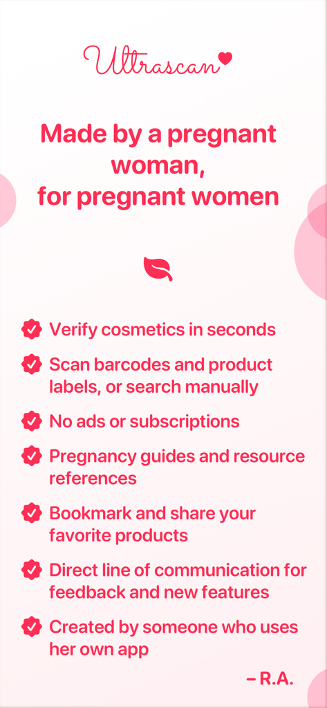 Overview of UltraScan app features including barcode scanning and pregnancy health guides for safe cosmetics.