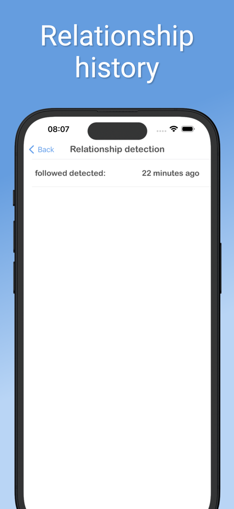 Mobile app screen showing relationship detection history for X aka Twitter followers.