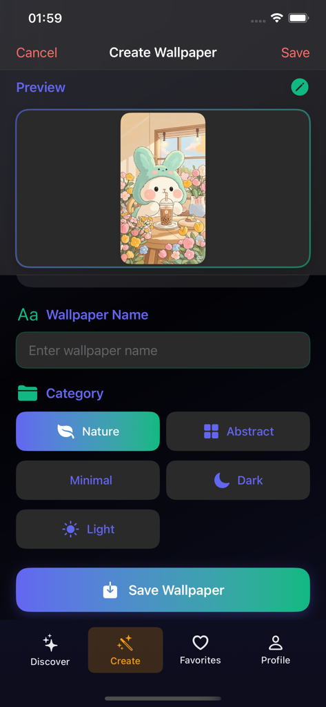 Kawaii Friends Wallpapers - Interfaz de la aplicación Fondos de Pantalla Kawaii Friends mostrando la pantalla de creación de fondos de pantalla con una vista previa de ilustración de un lindo personaje de conejito y opciones de selección de categoría.