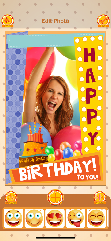 Happy Birthday Photo Editor - A woman celebrating inside a festive birthday photo frame with balloons and emoji sticker options.
