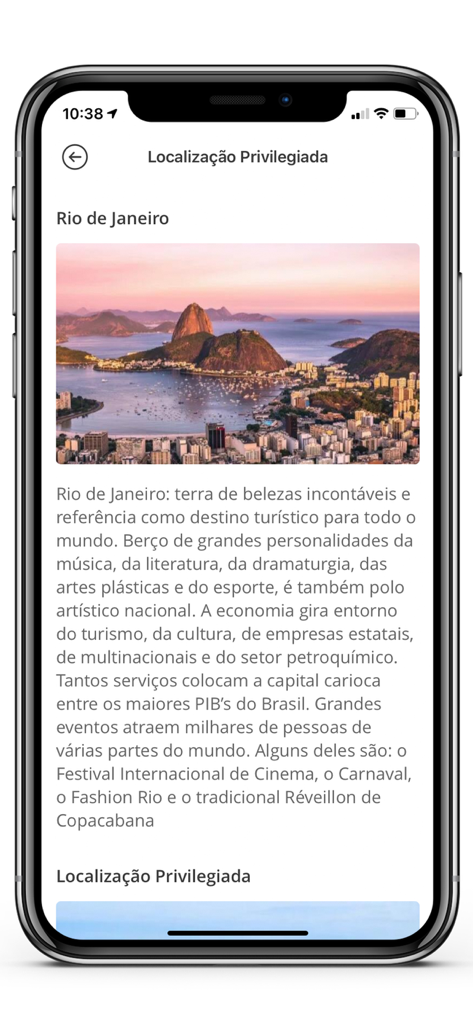 Nacional Inn Hotéis - 슈거로프 산 사진과 함께 리우데자네이루 목적지 정보를 보여주는 Nacional Inn Hotéis 앱 화면.