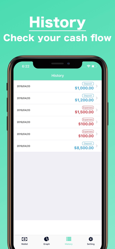 Mobile app screen showing a list of cash transactions including deposits and expenses with dates and amounts