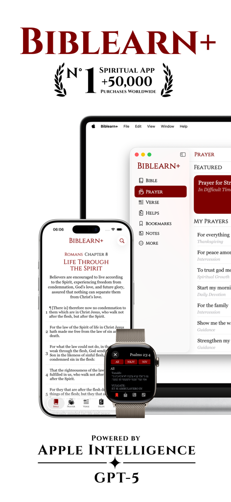 Biblearn+™ KJV: AI Bible Study - Biblearn+ AI Bible study app interface displayed on iPhone Mac and Apple Watch showing KJV scripture and prayer features