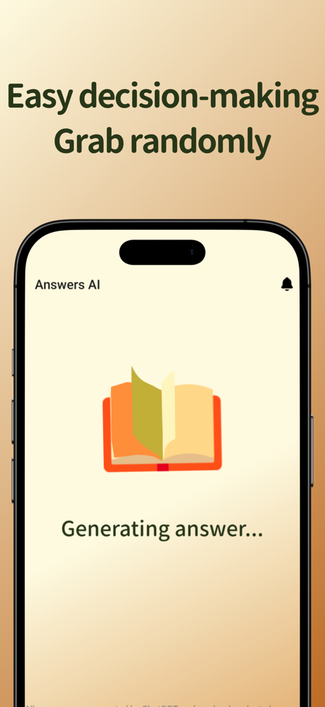 The Book of Answers: AnswersAI - Interface de l'application Answers AI avec le texte Prise de décision facile et un écran de génération de réponse