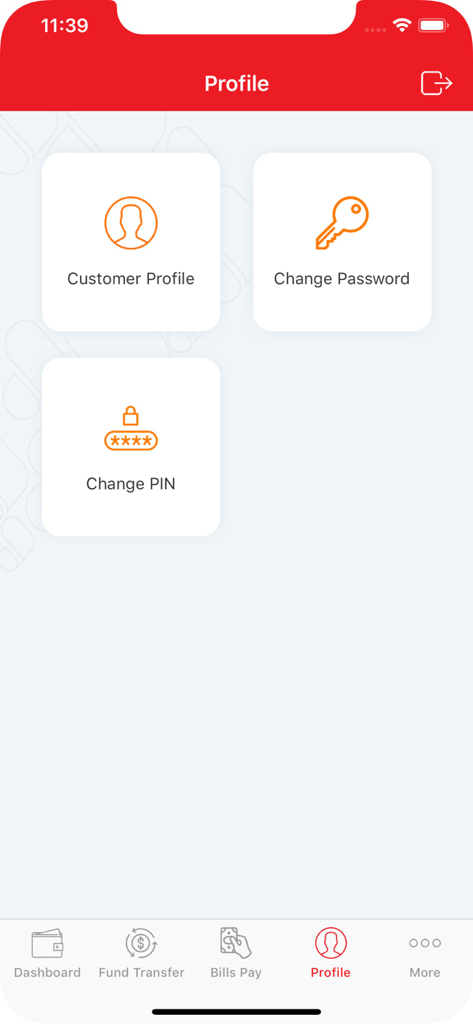 Página de perfil de la aplicación móvil UCB Unet que muestra el perfil del cliente y la configuración de seguridad como cambio de contraseña y PIN