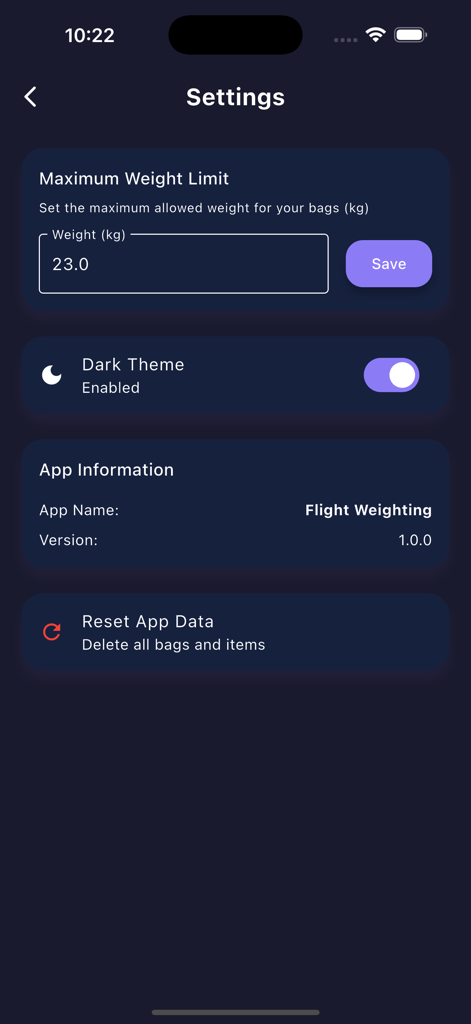 Settings screen of Bagga Calc app showing maximum baggage weight limit input and dark theme toggle