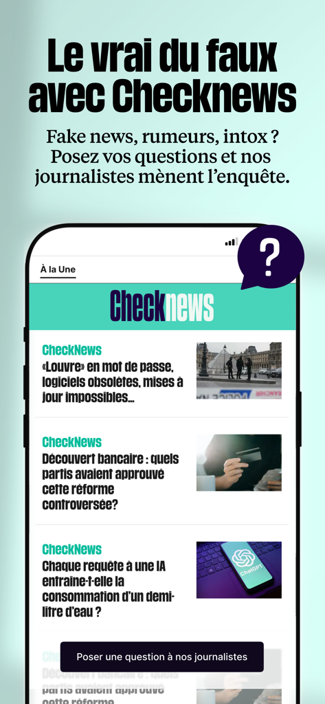 Captura de tela do recurso CheckNews do aplicativo Liberation mostrando uma lista de artigos de verificação de fatos e um botão para fazer perguntas aos jornalistas.