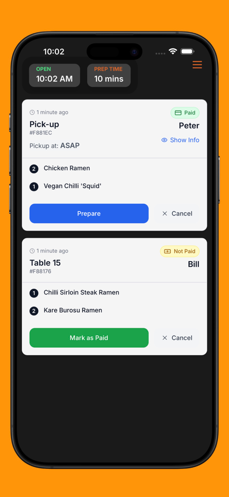 Orders Manager by Easy Menu - Interface do aplicativo Gerenciador de Pedidos do Easy Menu mostrando pedidos ativos com status de preparo e pagamento.