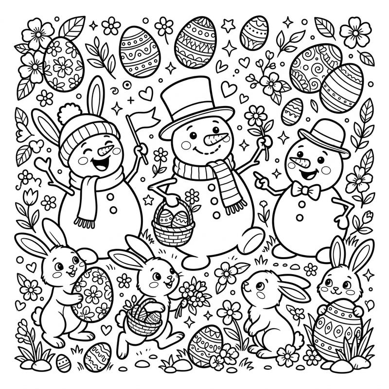 Get ready for a unique Easter celebration with this charming coloring page featuring playful cartoon snowmen and cute bunnies. This delightful scene is brimming with intricately patterned Easter eggs and delicate spring blossoms, offering endless creative fun.