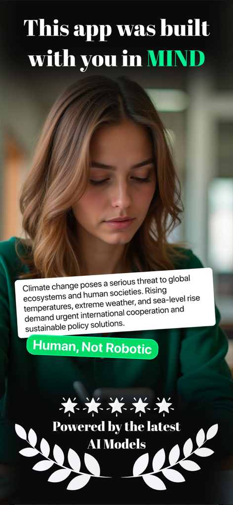 Una mujer joven usando Humbot AI para transformar texto robótico de IA en escritura humana natural con una calificación de cinco estrellas