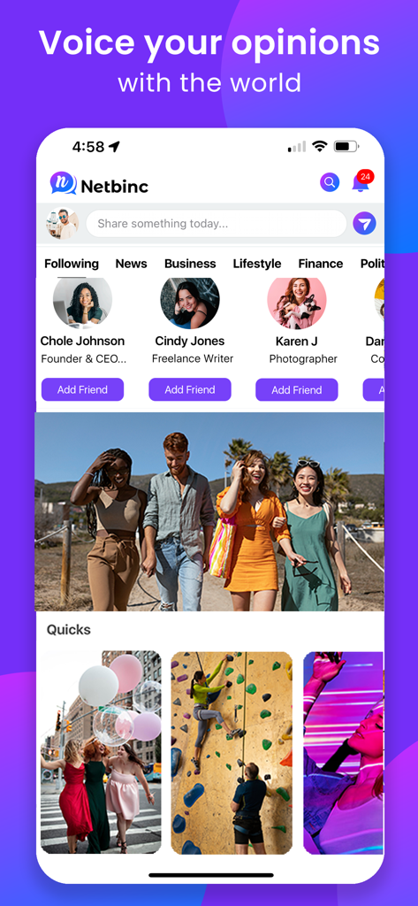 Netbinc: Social, Videos, Chat - Netbinc app interface showing a social media feed with user profiles and video content