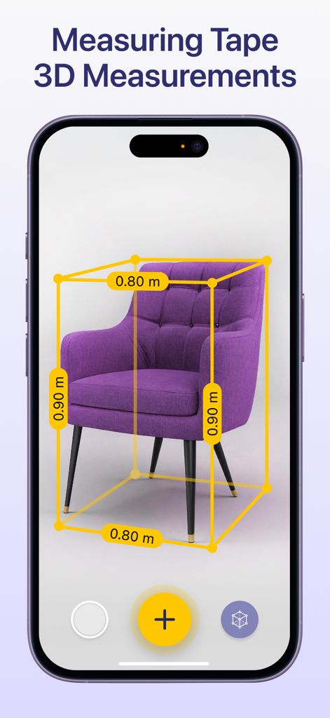 Ruler: Measure, Measuring Tape - ARルーラーアプリが、スマートフォンの画面上で紫色の肘掛け椅子の3D測定値を示しています