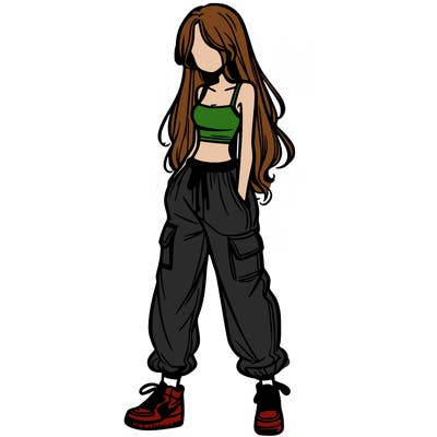 girl in baggy pants crop top and long hair