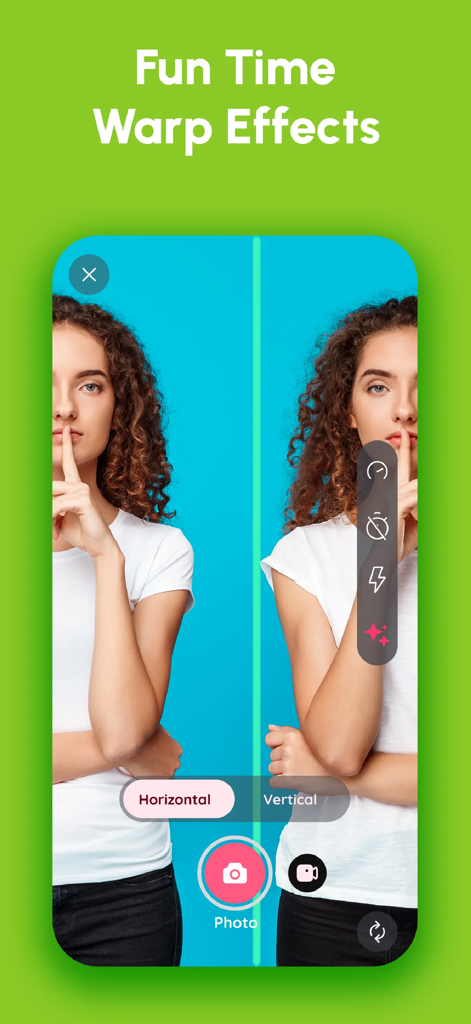 Time warp scan: Face warp - Interfaz de una aplicación de escaneo de tiempo que muestra un efecto de distorsión facial vertical en una mujer