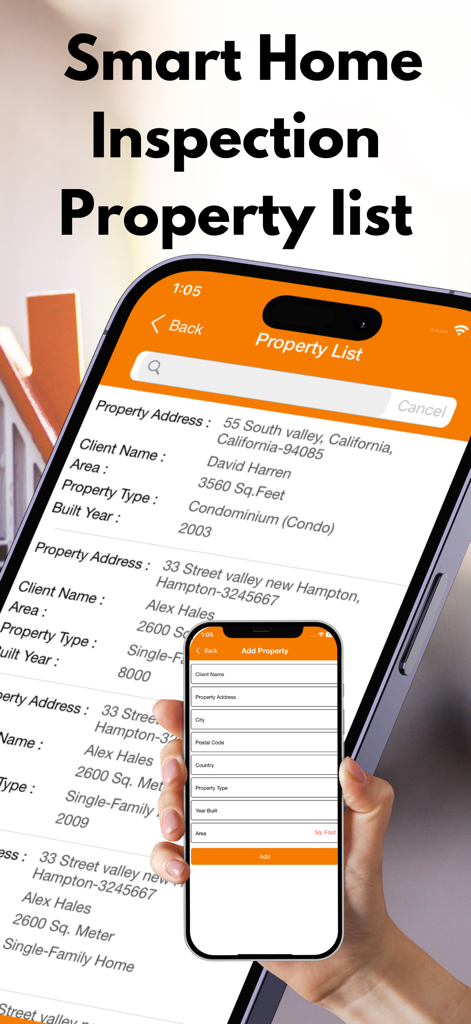 Home inspection app displaying a property list and a form to add a new property on a smartphone