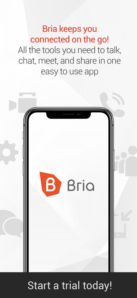 Bria VoIP softphone app on a smartphone screen showing features for business communication