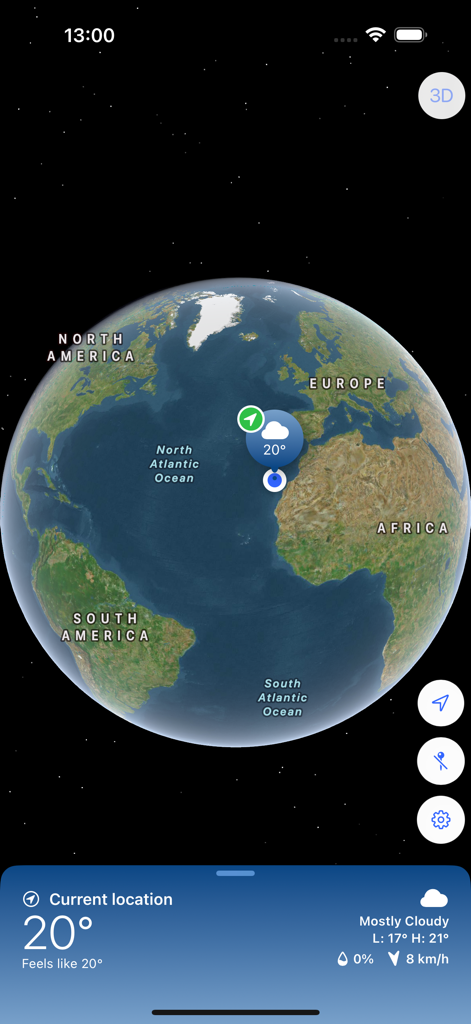 Tap Weather - Tap Weatherアプリに場所の天気予報ピンが表示された3Dグローブ