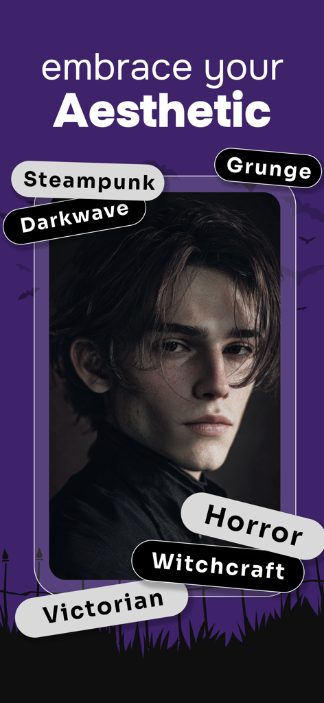 DarkHeart: Goth Dating App - A profile of a young man on DarkHeart app surrounded by subculture tags like Darkwave Grunge and Witchcraft under the text embrace your Aesthetic