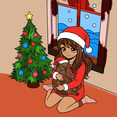 a girl wearing a santa claus hat is holding a cat in her arms, who is also wearing a santa claus hat. they are sitting near a christmas tree. there is a window next to the tree.