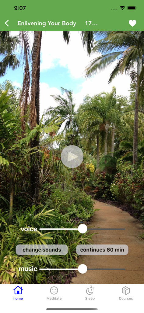 Meditation Oasis: Simply Being - Meditation Oasis app interface showing volume controls for voice and music during a meditation session