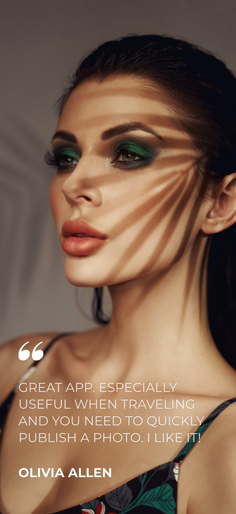 Retouch Body & Face, Photo Pro - Porträt einer Frau mit dramatischer Beleuchtung und einer Bewertung von Olivia Allen für die Retouch Body and Face App