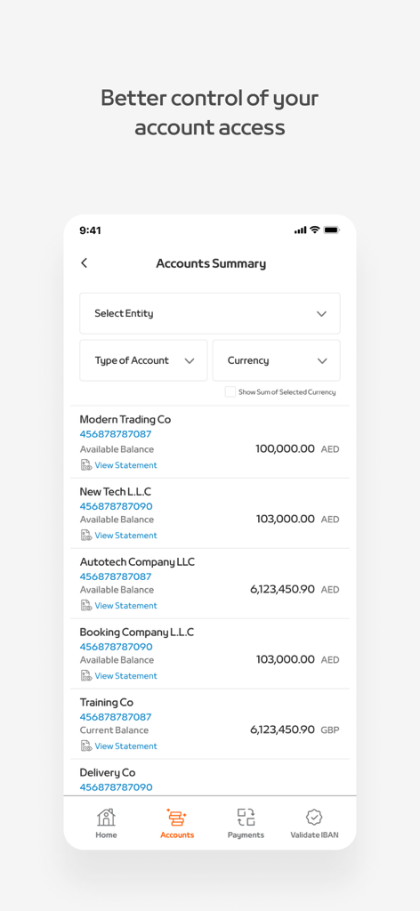 Mashreq NEO CORP - Page de résumé des comptes de l'application Mashreq NEO CORP montrant les soldes de plusieurs comptes bancaires d'entreprise dans différentes devises.
