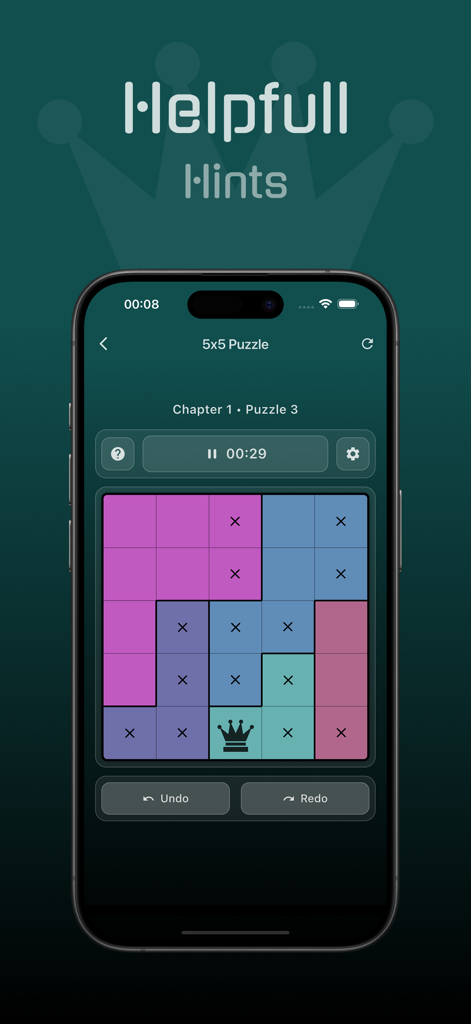 N-Queens Puzzle - N-Queens Puzzle app interface showing a 5x5 logic grid and game hints