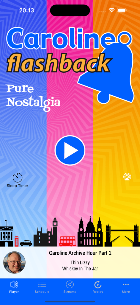 Caroline Flashback radio app player screen featuring oldies music and London skyline silhouette.