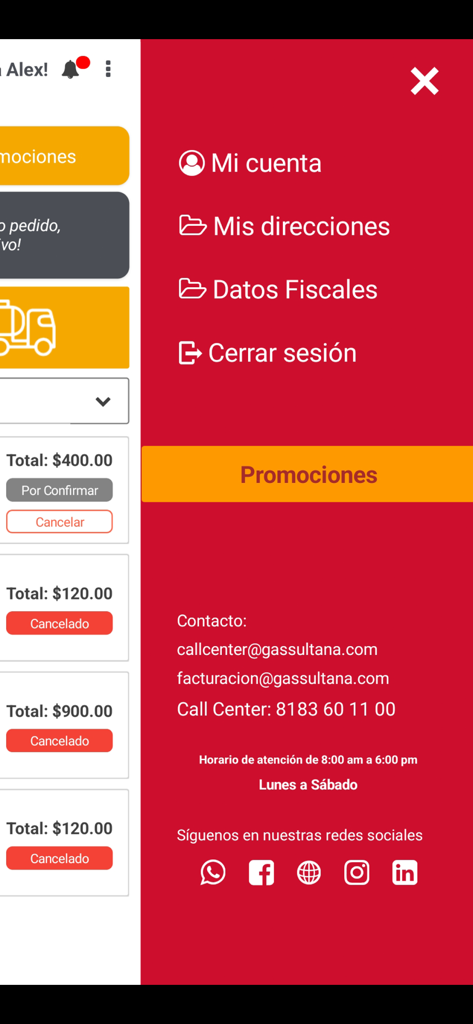 Pedidos Gas Sultana - Side navigation menu showing account options and contact information for the Gas Sultana app