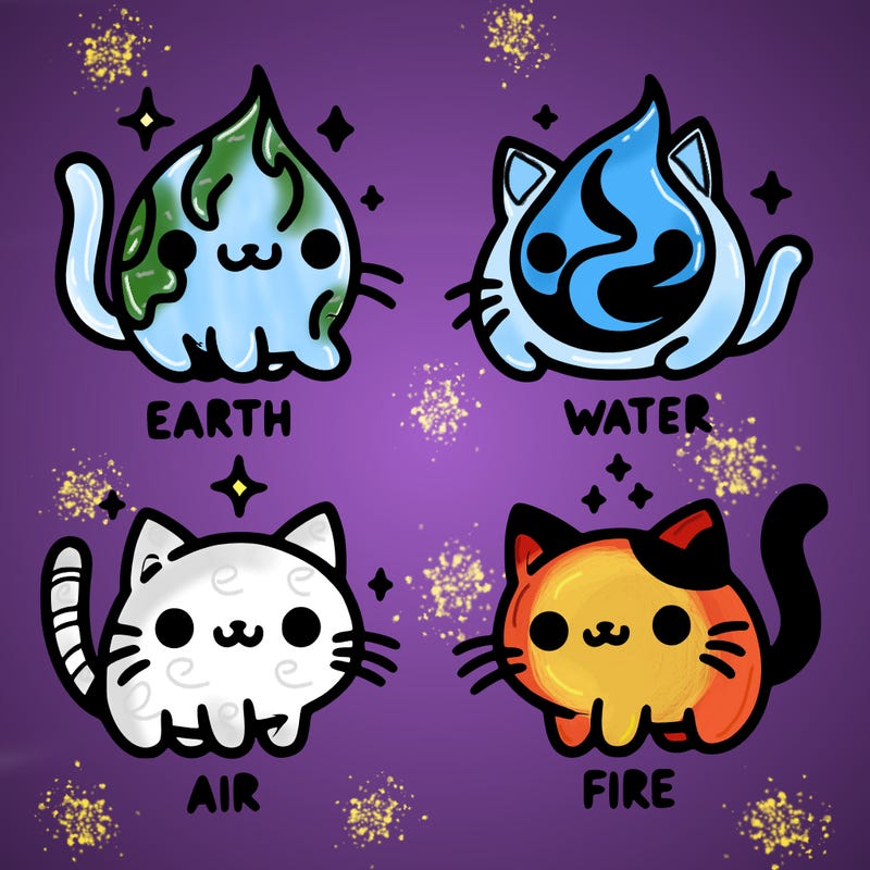 4 cats that represent the different elements, earth, water, air, and fire