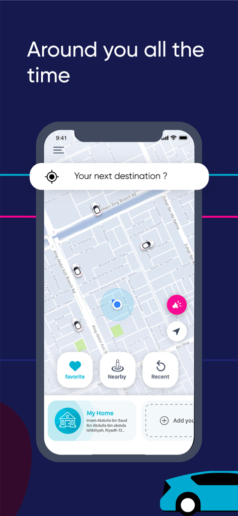 Ego ride-hailing app interface showing a map with available drivers and a search bar for destinations