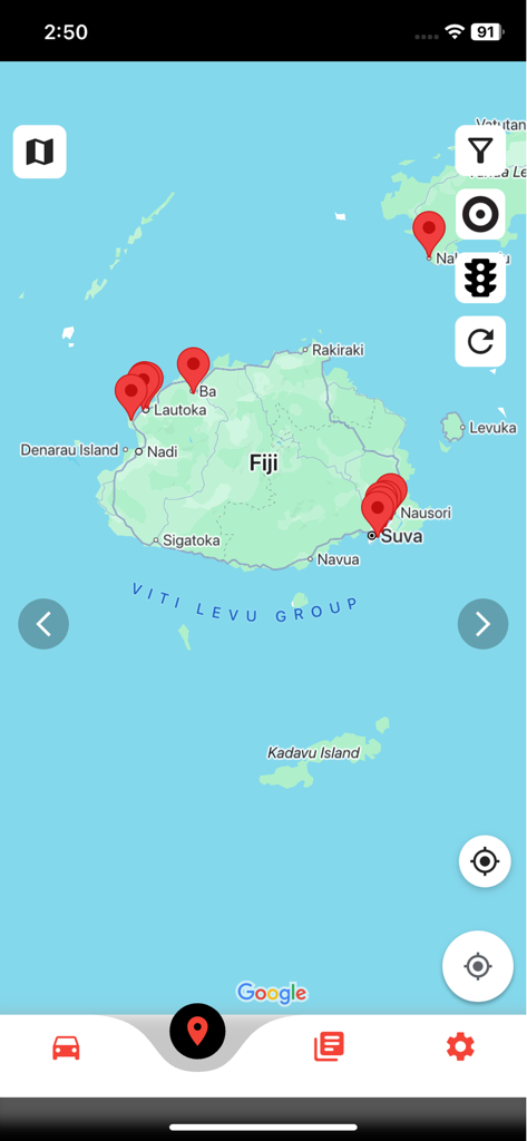 Shazcom Fiji - Interfaz del mapa de la aplicación de gestión de flotas Shazcom Fiji que muestra ubicaciones de vehículos en tiempo real con pines rojos