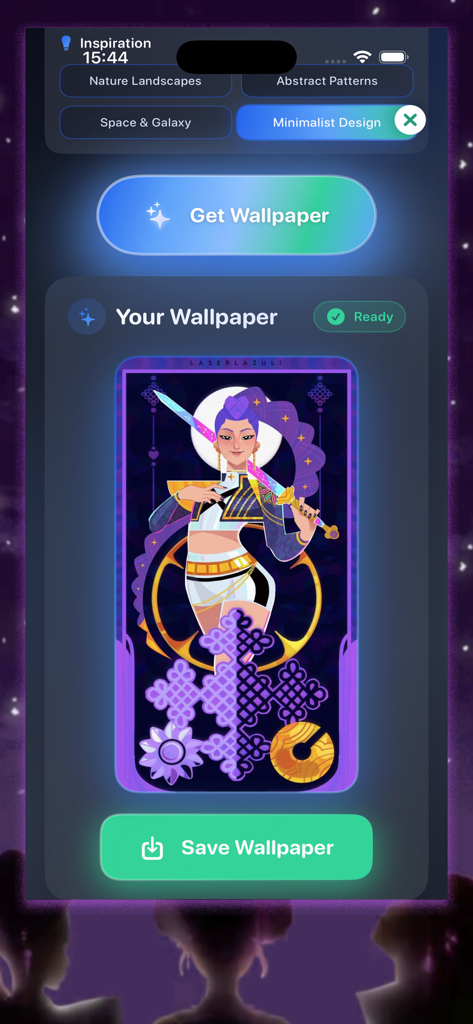 Demon Hunters Wallpaper KPop - Interfaccia dell'app mobile che mostra uno sfondo K-pop dark fantasy con un pulsante di salvataggio