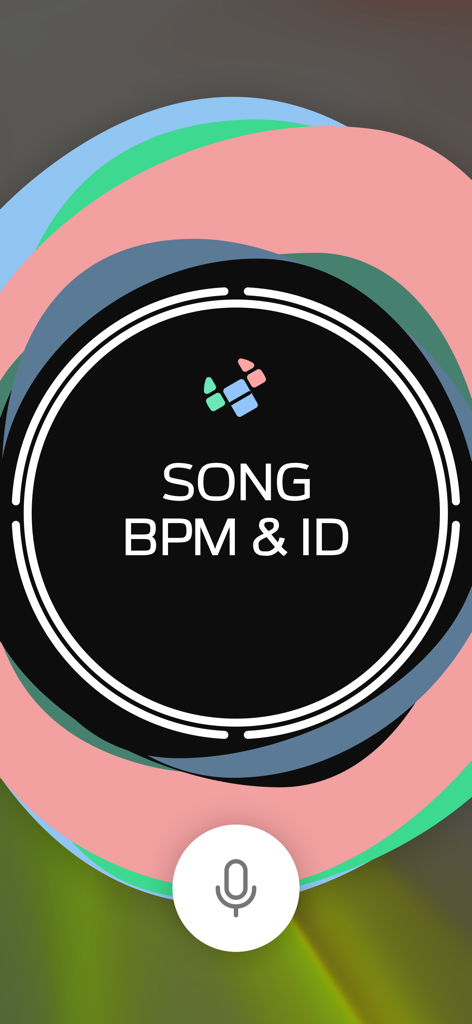 Live BPM: Tap Tempo & Counter - Interfaz de la aplicación Live BPM para identificación de canciones y detección de tempo con un botón de micrófono.