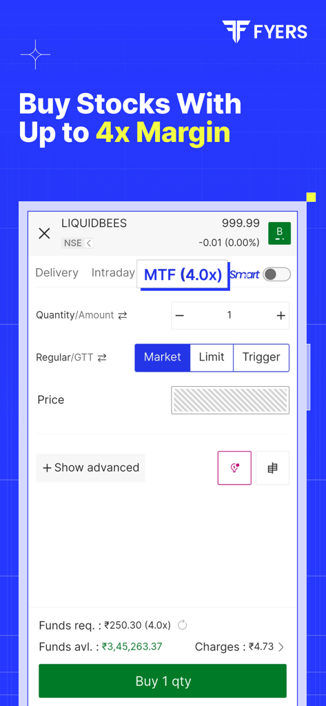 FYERS mobile trading app interface for buying stocks with up to 4x margin leverage