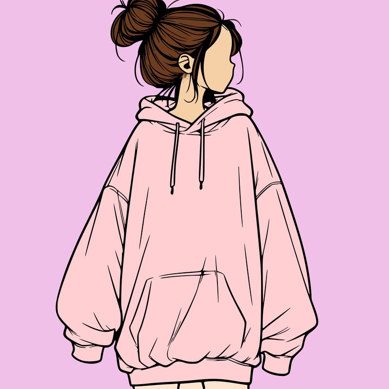 realistic girl with a oversized sweatshirt on and a bun