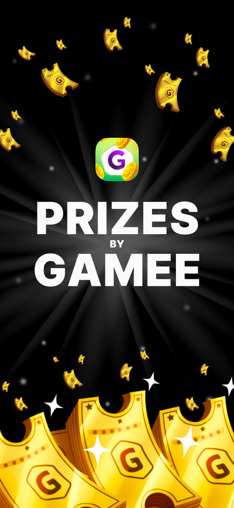 Prizes by GAMEE splash screen featuring golden prize tickets and app logo