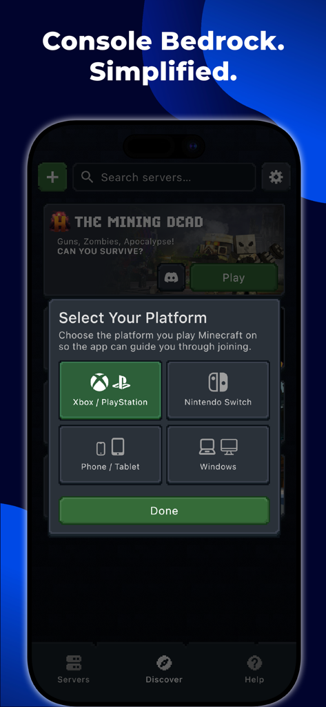 Bedrock Online - Platform selection screen in the Bedrock Online app for choosing between Xbox PlayStation Nintendo Switch and other devices