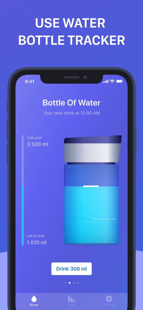 Water Reminder: Daily Tracker - Interface de aplicativo móvel para rastrear a ingestão diária de água com um gráfico de garrafa e barra de progresso de hidratação