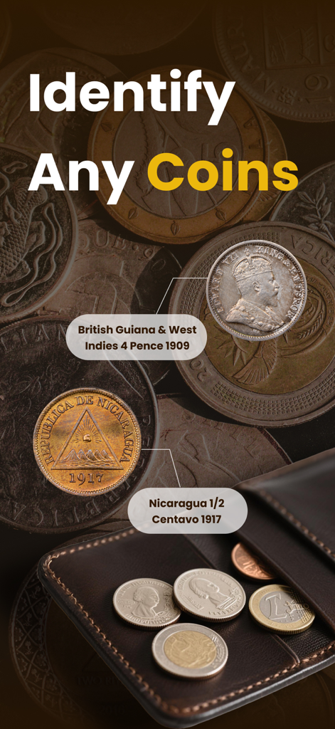 CoinSense: Coin Identifier - Captura de tela do aplicativo CoinSense exibindo várias moedas históricas com rótulos de moeda da Guiana Britânica e Nicarágua