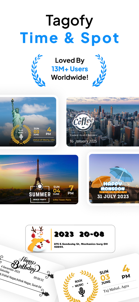 GPS Geotag Map Camera - Tagofy - Collage of travel photos with location and time stamps from the Tagofy GPS Geotag Map Camera app.