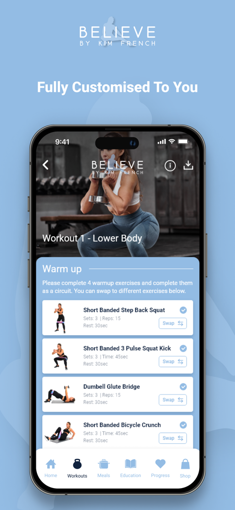 Plan de entrenamiento de tren inferior personalizado en la aplicación de fitness Believe by Kim French
