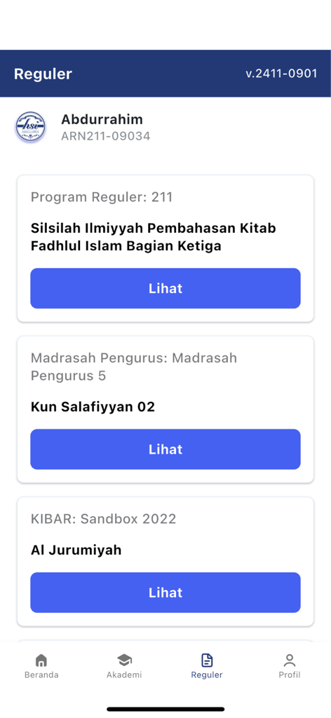 Edu HSI - The regular program dashboard in the Edu HSI app displaying various Islamic educational courses