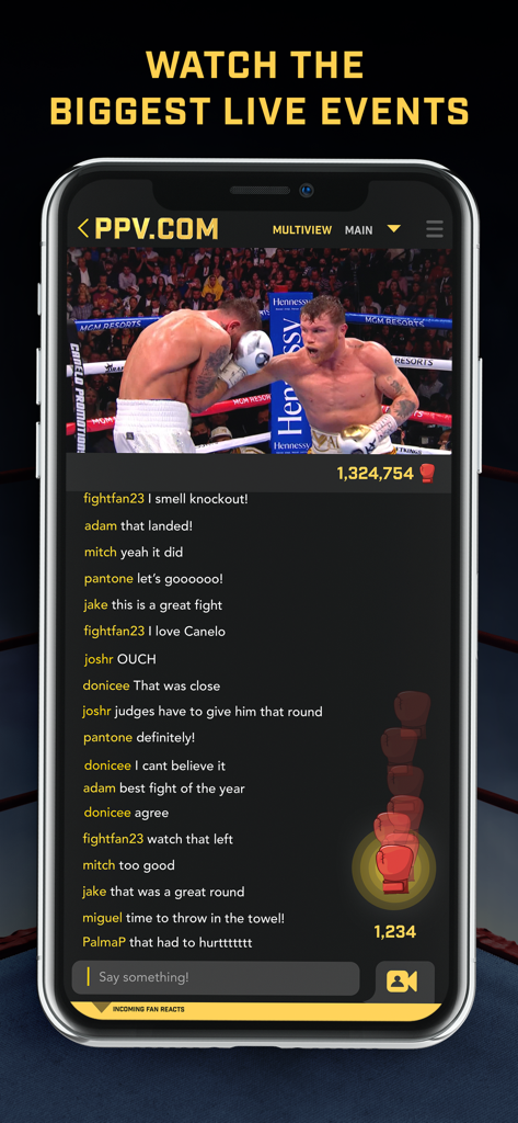 PPV.COM mobile app interface featuring a live boxing event with an active fan chat feed