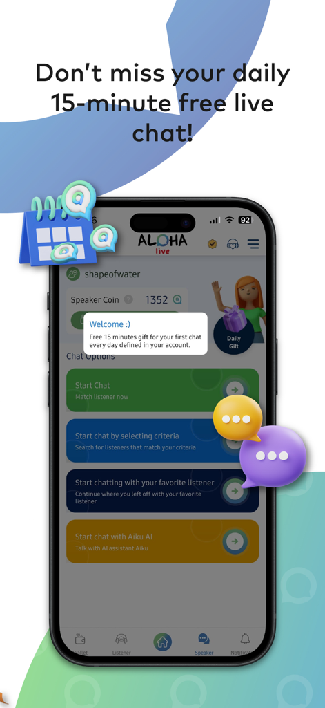 Aloha Live - Anonymous Chat - Oberfläche der Aloha Live App, die die tägliche fünfzehnminütige kostenlose anonyme Live-Chat-Funktion hervorhebt