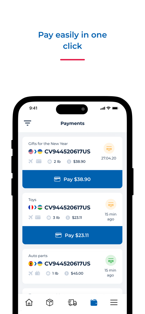 Interface of the Meest Shopping app showing a list of international shipping payments with simple one-click pay buttons