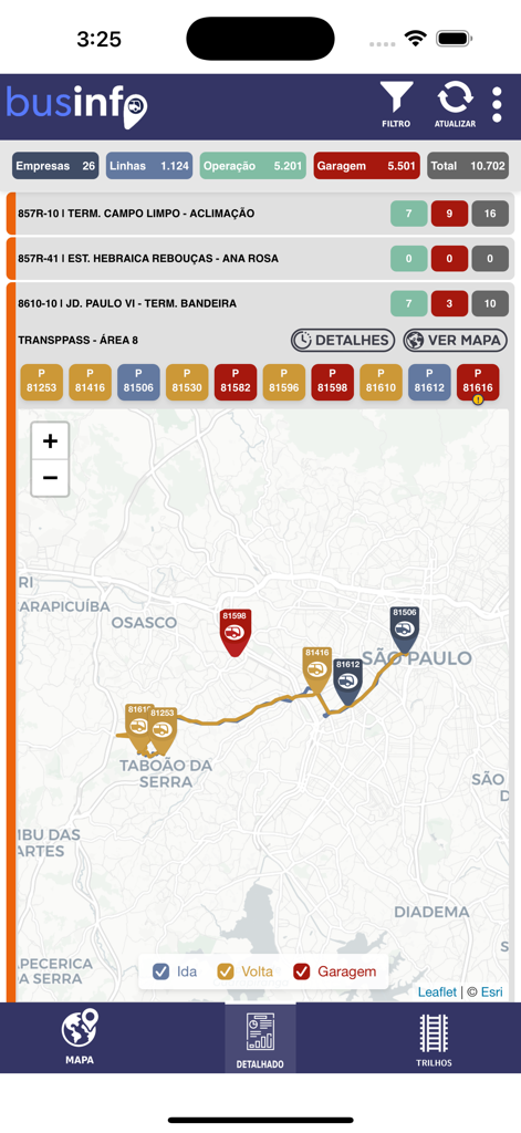 BusInfo - Interface de carte de suivi des bus en temps réel pour le transport de Sao Paulo dans l'application BusInfo